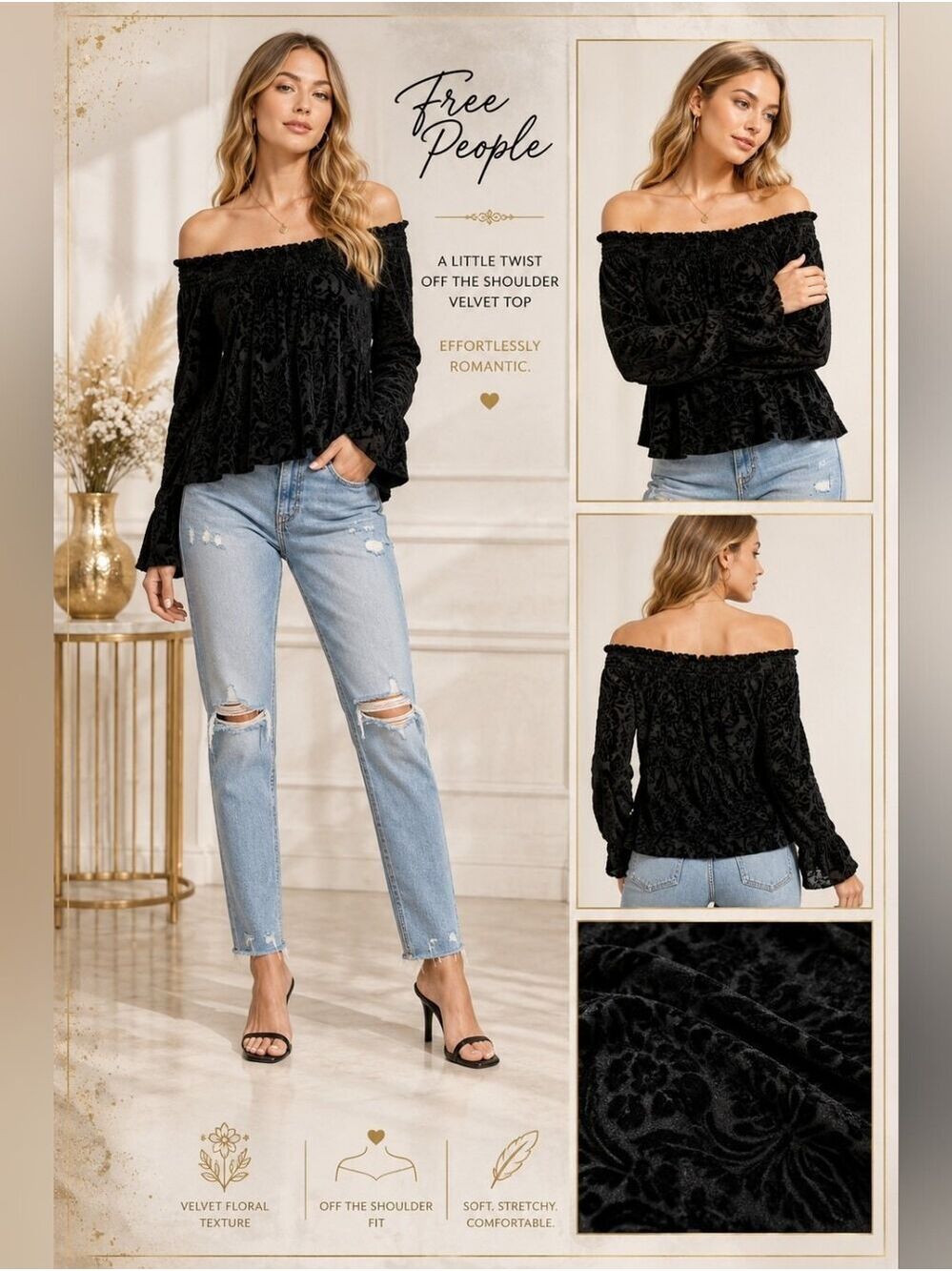 Free People A Little Twist Black Velvet Floral Off-the-Shoulder Top | Boho Luxe